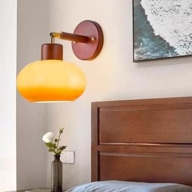 Imagem de E27 Candeeiro de parede de madeira vintage criatividade, luzes de parede com sombra de vidro 180° giratório, arandelas de parede de ângulo ajustável, luz quente para sala de estar, quarto, corredor