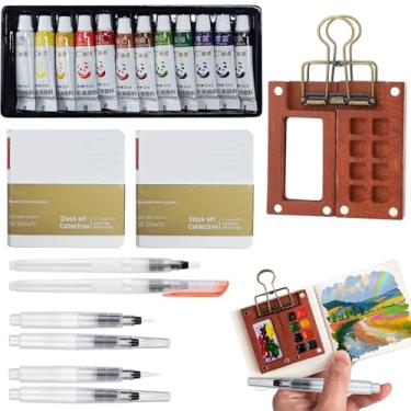 Imagem de Mini conjunto de paleta de aquarela portátil, paleta de tinta de viagem, caixa de tinta quadriculada de madeira de 12 cores, bloco de papel aquarela com clipes para fichário
