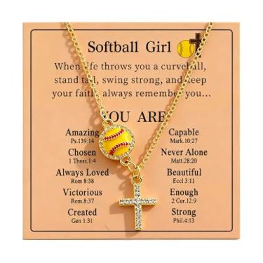 Imagem de Aonklot Colar feminino de softball, futebol, voleibol, pingente, cruz, strass, joia cristã, acessórios esportivos, presentes de Natal, Large, Sem Pedra Preciosa