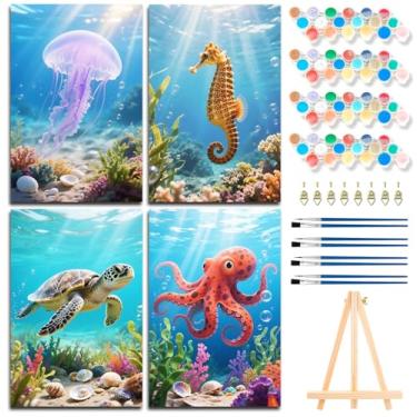 Imagem de Muzagroo Art 4 kits de pintura por números para adultos, tela emoldurada com cavalete de madeira, kits de pintura a óleo acrílica de tartaruga marinha faça você mesmo, pintura por números em tela