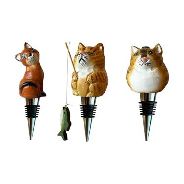 Imagem de Conjunto de 3 rolhas de garrafa de vinho para gatos, gatinhos esculpidos à mão, rolhas de bebida de madeira, arte inovadora, vedação de borracha hermética, reutilizável (3 gatos)