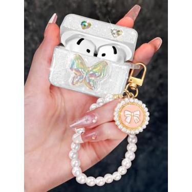 Imagem de Boaretiu Capa para AirPods 4 com chaveiro de laço de pérola - Capa protetora elegante para mulheres, lindas garotas kawaii, design exclusivo de silicone para AirPods 4ª geração 2024, borboleta com