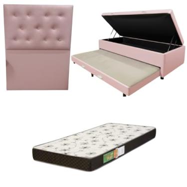 Imagem de Cama Box Baú Solteiro com Auxiliar (Bicama) + Colchão Solteiro Espuma D20 12cm | Kit Completo com Cabeceira Botonê Opcional | Diversas Cores (3, CORINO ROSA, COM CABECEIRA)