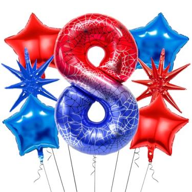 Imagem de 7Pcs 40 inch Spider Theme Number 8 Balloons, Large Red Blue 8 Balloon Number Set with Exploding Star and Star Foil Balloons for Birthdays and Spider Themed Parties