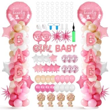 Imagem de 2 conjuntos We Can Bearly Wait Kit de suporte de coluna de balão de chá de bebê rosa com base de suporte É uma menina ou menino Revelação de gênero balões de festa decoração de arco para chão Oh Baby