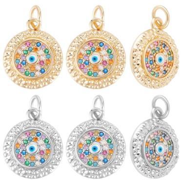 Imagem de Beebeecraft 1 caixa com 6 peças de berloques de olho turco de zircônia cúbica real banhado a ouro 18K e platina esmaltado, plano, redondo, olhos da sorte, com anel de salto para fazer joias, pingentes