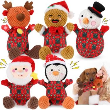 Imagem de Vinsot Pacote com 5 brinquedos de Natal para cães de pelúcia para cães pequenos, médios e grandes, boneco de neve, boneco de neve, pinguim, homem de gengibre, para mastigadores agressivos (estampa de