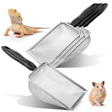 Imagem de Hiceeden Pá de malha pequena de aço inoxidável de 4 peças, colher de banho de areia fina para hamster, colher de lixo de areia de coelho réptil, pá de malha de praia para coleta de conchas, peneira de
