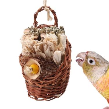 Imagem de YOOSO WING Brinquedos naturais para mastigar pássaros trituráveis feitos de alga marinha, grama timothy e folhas de milho com gancho de madeira para calopsitas, periquitos, pássaros pequenos e médios