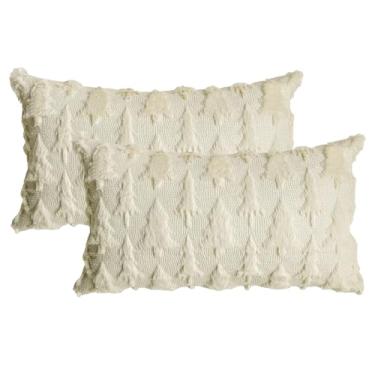 Imagem de AVOIN colorlife Conjunto de 2 capas de almofada bege para árvores de Natal, 30,5 x 50,8 cm de pelúcia macia, jacquard de pele sintética, festivais, decoração de quarto de inverno para sofá