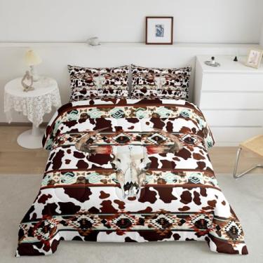 Imagem de Feelyou Conjunto de edredom de caveira de vaca com estampa retrô de pele de vaca com 2 fronhas, roupa de cama queen asteca ocidental, geométrico, exótico, decoração de quarto, boêmio, rústico, casa de