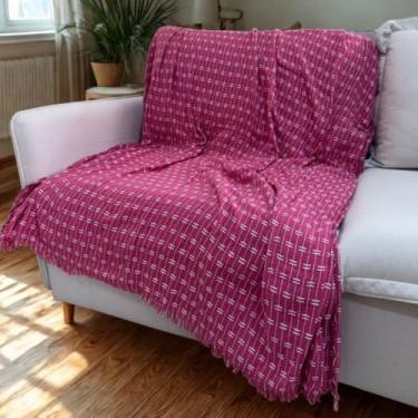 Imagem de Manta para Sofá Capa Protetora 2,40 x 1,80 Gigante Algodão Cama Decorativa Colcha Coberta(Pontilhada Rosa e Branco)