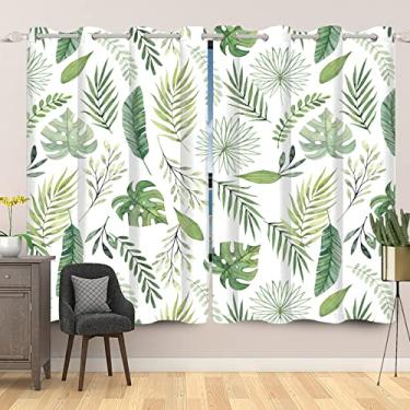 Imagem de SIEDYCV Cortinas blecaute de folhas verdes tropicais 133 x 213 cm, cortinas de janela com folhas de palmeira em aquarela tropical, cortinas com ilhós, isolamento térmico, para quarto de bebê