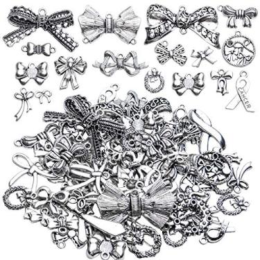 Imagem de Acessórios para pingente de laço, 100 g (cerca de 50 – 80 peças) Encantos de arco banhado a prata antiga estilo misto pingentes de gravata borboleta para pulseiras colar fabricação de joias artesanato