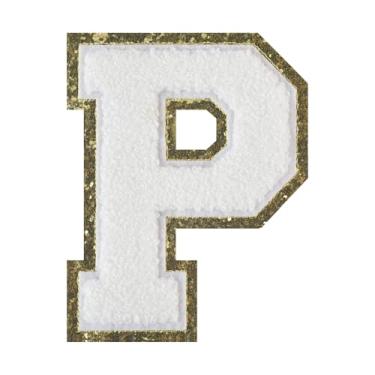 Imagem de 1 peça de patch de letra de chenille branco de 11,4 cm com borda dourada – Remendos do alfabeto para roupas, jaquetas, mochilas, chapéus para decoração personalizada, nome personalizado e artesanato