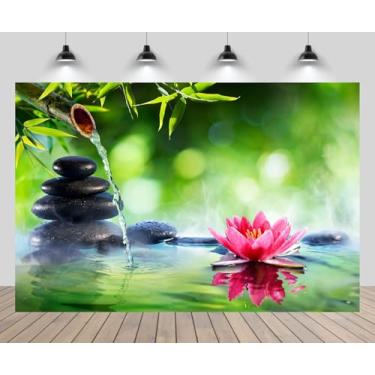 Imagem de CHNYWORK 1,5 m x 1,2 m cenário de jardim zen pedra basalto bambus e nenúfar com fonte japonesa relaxante fundo meditação, spa, aniversário, festa de casamento, decoração de foto