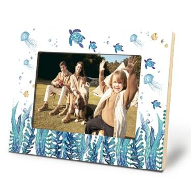Imagem de Yomisex Porta-retrato de praia 10 x 15 cm, decoração de casa de praia, água-viva oceânica, tartaruga marinha, moldura infantil mundo subaquático, para mesa de mesa, decoração de parede