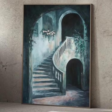 Imagem de Arte de parede em tela de castelo medieval, pôster vintage de biblioteca, impressão acadêmica, quadros góticos, vintage, pôsteres da Academia, azul-petróleo, arte de parede, arquitetura, pôster