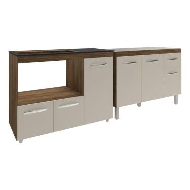 Imagem de Gabinete Cozinha Armário Balcão De Pia 120 Cm Aline E Balcão Para Fogão Cooktop 5 Bocas E Forno Alana Savana Off White