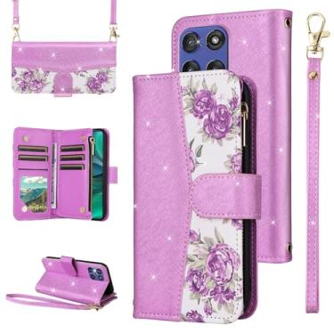 Imagem de Furiet Capa carteira floral para Motorola Moto G Stylus 5G 2025 e alça de pulso/ombro, suporte de cartão de couro PU com glitter de luxo acessórios capa de celular para mulheres G5 roxo