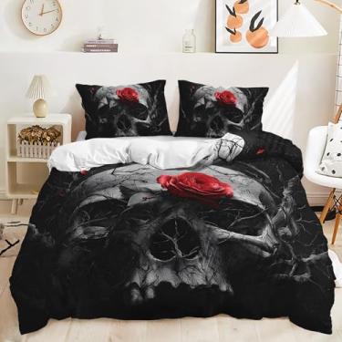 Imagem de AILONEN Conjunto de capa de edredom Queen com estampa de caveira, crânio gótico, preto, para crianças, adolescentes e adultos, capa de edredom rosa vermelha, 3 peças, 1 capa de colcha e 2 fronhas