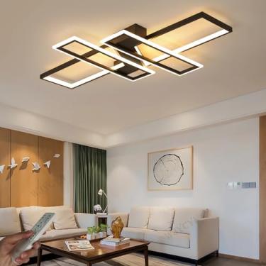 Imagem de Luminária de teto LED quadrada grande e regulável para sala de estar, preta, 90 cm de comprimento, 94 W, design geométrico moderno, 3000 K-6000 K, multifuncional, ideal para quarto, corredor