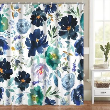 Imagem de Boho Cortina de Chuveiro Floral Flores Azul Escuro Conjunto de Decoração de Banheiro Colorido Rústico Farmhouse Cortina de Banheira Abstrata Plantas Flores Cortinas de Banho Lavável Tecido de