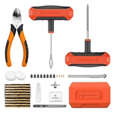 Imagem de ETENWOLF Kit de reparo de pneu plano com plugues 42 peças, kit de plugue de pneu resistente para carro, motocicleta, ATV, jipe, caminhão, trator (laranja vívido)