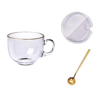 Imagem de EPOTRDCV Conjunto de copos de café de vidro com colher e tampa, xícaras de chá de aço inoxidável, leite/água, grandes
