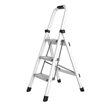Imagem de Escadas dobráveis vermelhas com 3 degraus Escada dobrável com apoio de braço de esponja e pedal antiderrapante comporta escadas de metal de até 150 kg para adultos escada resistente (cor: branco