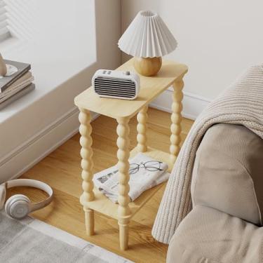 Imagem de Veegle Mesa lateral estreita, mesa de canto pequena com prateleira de armazenamento, mesas de centro pequenas de 2 camadas para sala de estar, quarto, espaços estreitos (carvalho amarelo)