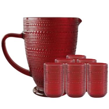 Imagem de Jogo de Copos com Jarra de Vidro Pérola Vermelha para Àgua ou Suco 7 Peças