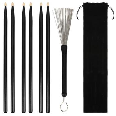 Imagem de Augshy 3 pares de baquetas de bateria 5A, baquetas pretas de madeira de bordo e 1 par de escovas de tambor de arame com bolsa de armazenamento para bateristas iniciantes de jazz rock folk