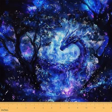 Imagem de Erosebridal Tecido dragão azul roxo por jarda, tecido de estofamento de selva antiga, material decorativo dragão mágico, estrelas misteriosas, decoração à prova d'água botânica para costura acolchoada