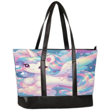 Imagem de Bolsa feminina de lona para laptop com desenho animado de unicórnios brilhantes de 40 cm, bolsa para computador de grande capacidade, leve, casual, bolsa de ombro para negócios, escritório, trabalho