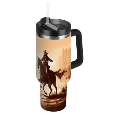 Imagem de ATTX Copo cowboy americano de 1,134 g com alça, copo de aço inoxidável a vácuo de parede dupla com palha, caneca de café de viagem isolada #704