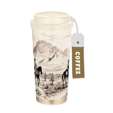 Imagem de SEHANY Caneca de viagem vintage caubói ocidental 482 g xícaras de café reutilizáveis revestidas de cerâmica com tampa à prova de vazamento, parede dupla, isolamento a vácuo, copo de café de aço