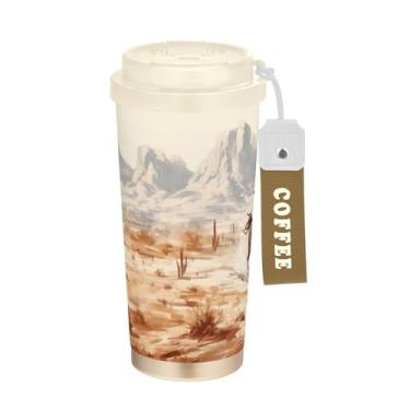 Imagem de SEHANY Caneca de viagem vintage caubói ocidental 482 g xícaras de café reutilizáveis revestidas de cerâmica com tampa à prova de vazamento, parede dupla, isolamento a vácuo, copo de café de aço