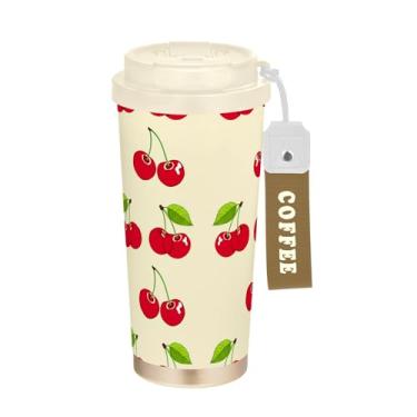 Imagem de SEHANY Caneca de viagem de cereja fofa de 482 g Copos de café reutilizáveis revestidos de cerâmica com tampa à prova de vazamento, parede dupla, isolamento a vácuo, copo de café de aço inoxidável para