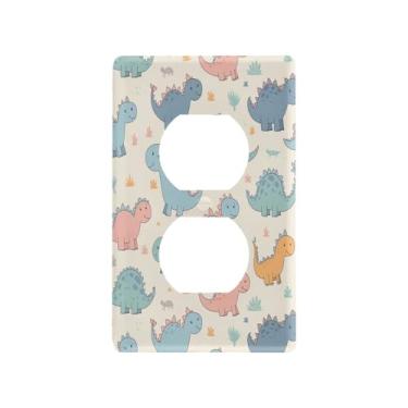 Imagem de Blueangle Placa de parede com tomada dupla de dinossauro de desenho animado fofo, tamanho padrão, placas de cobertura de tomada elétrica de 1 gangue para decoração de quarto de escritório em casa