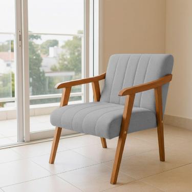 Imagem de Poltrona Decorativa Com Braço Em Madeira Maciça Livia Linho Cinza