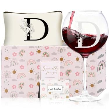 Imagem de Presentes de Natal para mulheres, taças de vinho com monograma com bolsa de maquiagem, presentes exclusivos de elefante branco de casamento para mãe, pai, irmã, professora, esposa, marido (D)