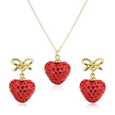 Imagem de QLYOVWE Conjunto de joias de coração de cristal para mulheres, colar com pingente de strass vermelho, brincos de laço de ouro doce, berloque, dia dos namorados, aniversário, festa de casamento, joias