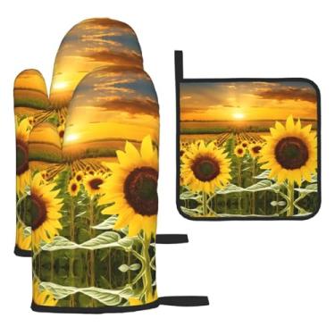 Imagem de Girassol – Conjunto de cozinha essencial com 3 peças, luvas seguras para calor e aderência de tampa, proteção para churrasco no forno, design de armazenamento suspenso.