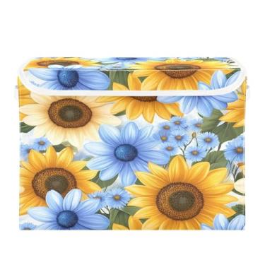 Imagem de CEBUGI Caixotes de armazenamento com tampas, caixa de armazenamento de tecido dobrável, girassóis, margaridas, organizadores de cubo para prateleiras de armário de casa e quarto, 40 x 30 x 39 cm