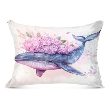 Imagem de Burbuja Fronha de almofada de flores de hortênsia baleia aquarela tamanho king 50,8 x 101,6 cm, capa de almofada de pelúcia ultra macia e aconchegante com zíper para pele de cabelo