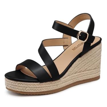 Imagem de TEMOFON Sandálias de cunha para mulheres Plataforma: espadrille tira no tornozelo fivela cunha - Sandálias femininas confortáveis e elegantes de verão, Preto (PU), 35