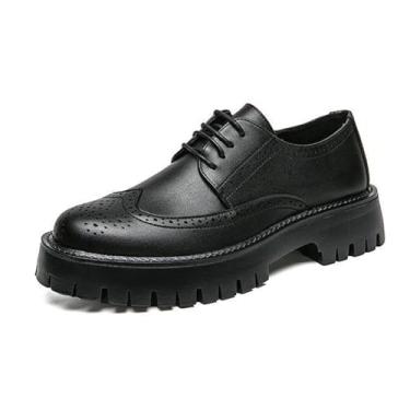 Imagem de Sapato Oxford masculino de couro com cadarço plataforma confortável respirável antiderrapante sola Derby sapatos casuais para trabalho de negócios Oxfords, Preto, 38
