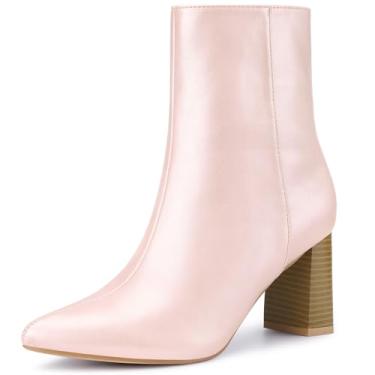 Imagem de Allegra K Botas femininas de salto grosso, bico fino, cano curto, Rosa brilhante, 38