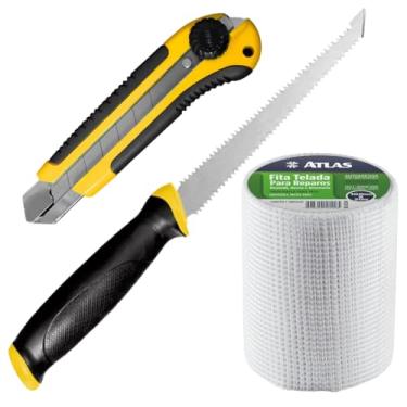Imagem de Serrote Para Gesso Drywall Lâmina Dupla 6" Pol + Fita Telada 100mm x 20m + Estilete 25mm Com Trava e Lâmina